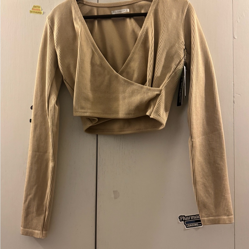 Forever 21 Tan Long Sleeve Crop Wrap Blouse